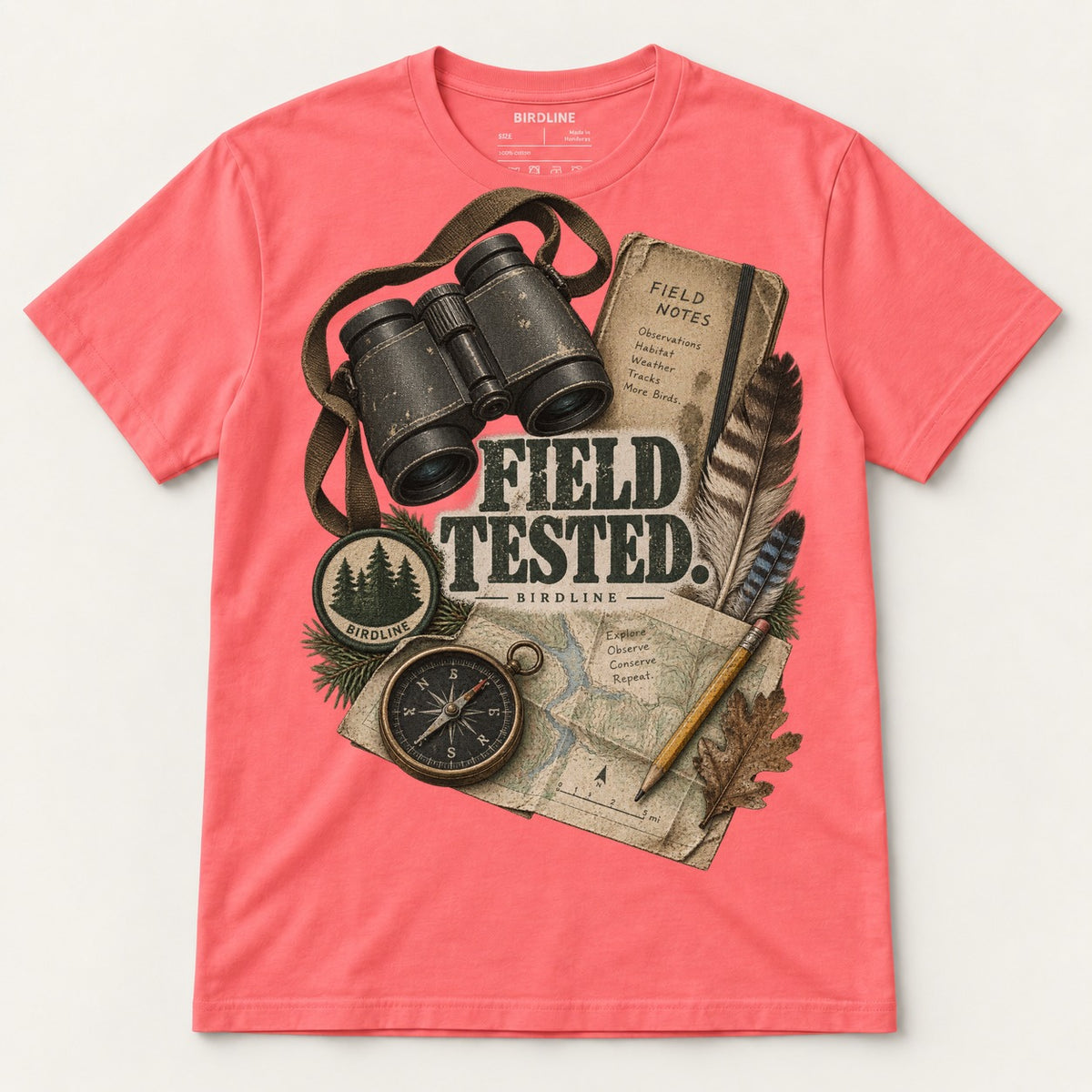 Field Tested T-Shirt in Coral Silk, front view premium-quality garment detail