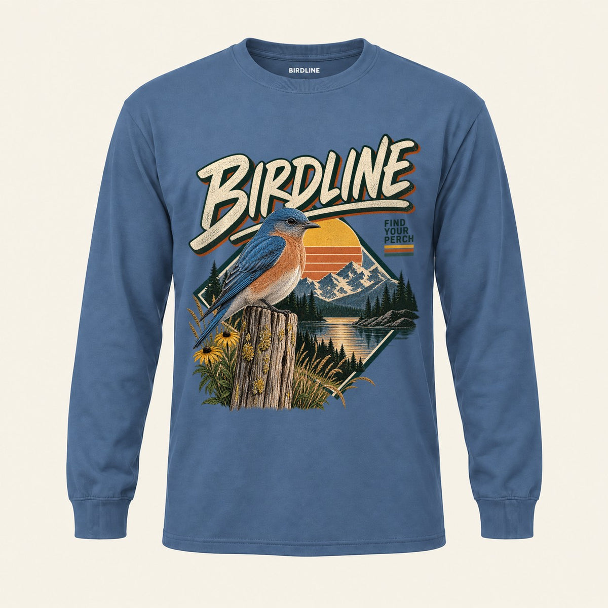 Find Your Perch Long Sleeve Shirt in Indigo Blue, front view