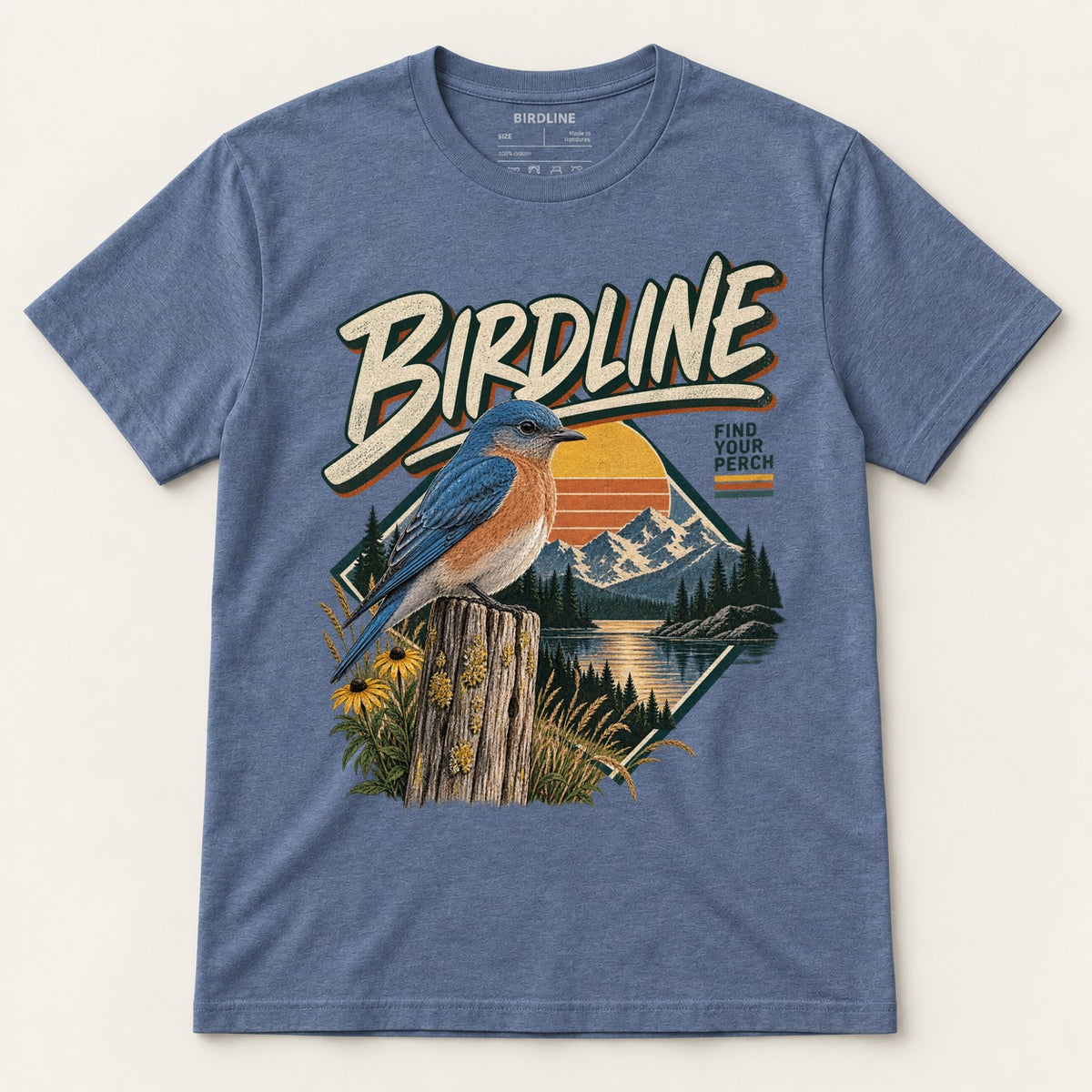 Birdline Find Your Perch T-Shirt in Heather Indigo, front view
