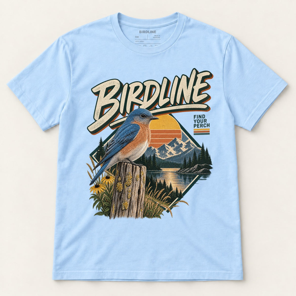 Birdline Find Your Perch T-Shirt in Light Blue, front view