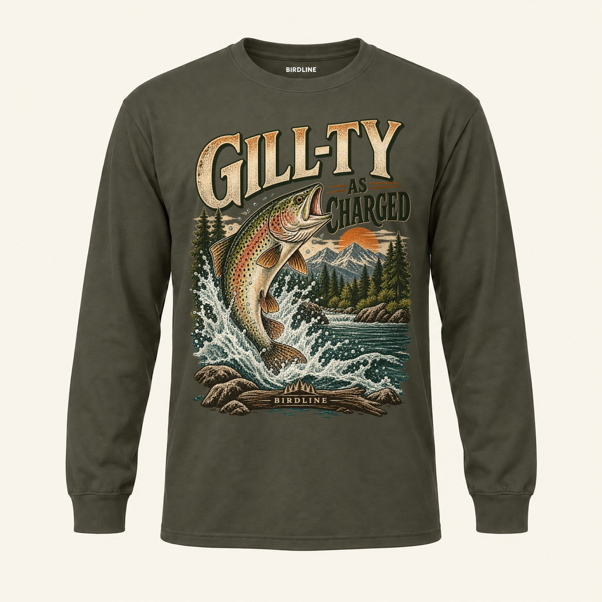 Gill-ty As Charged Long Sleeve Shirt in Military Green, front view