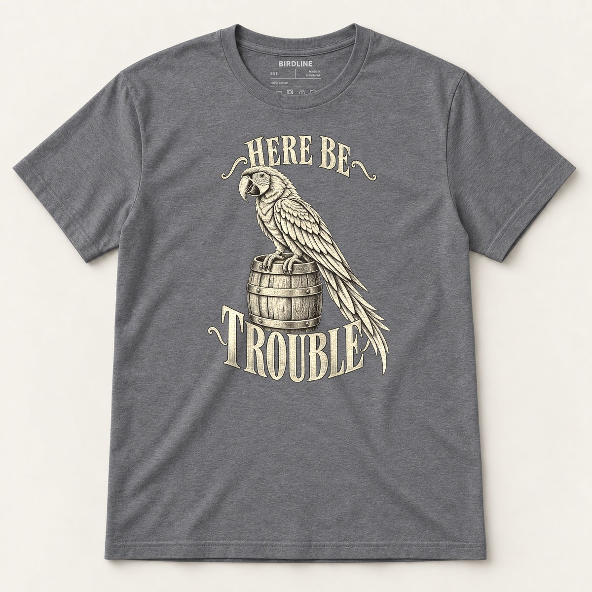 Here Be Trouble T-Shirt in Dark Heather Grey, front view