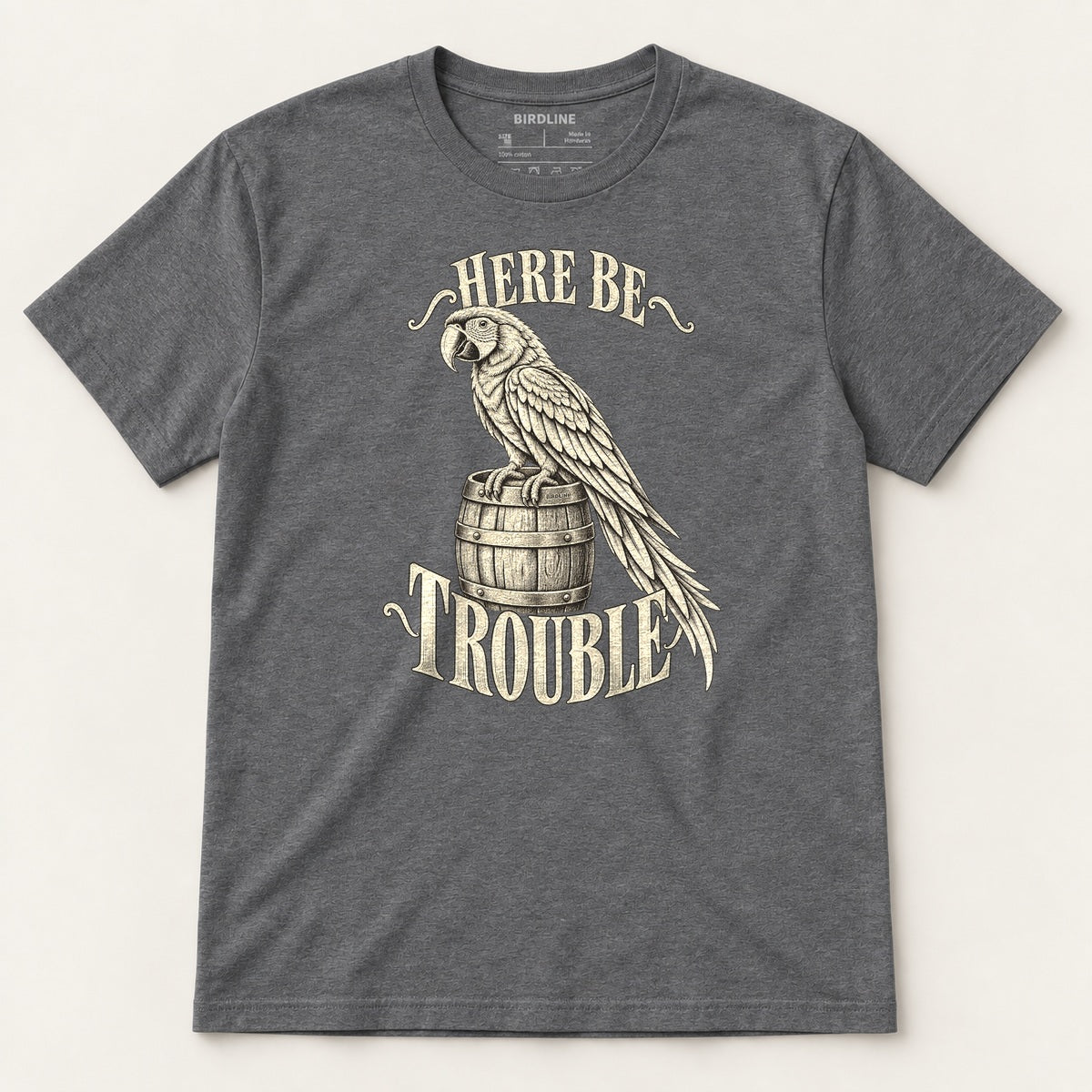 Here Be Trouble T-Shirt in Dark Heather, front view