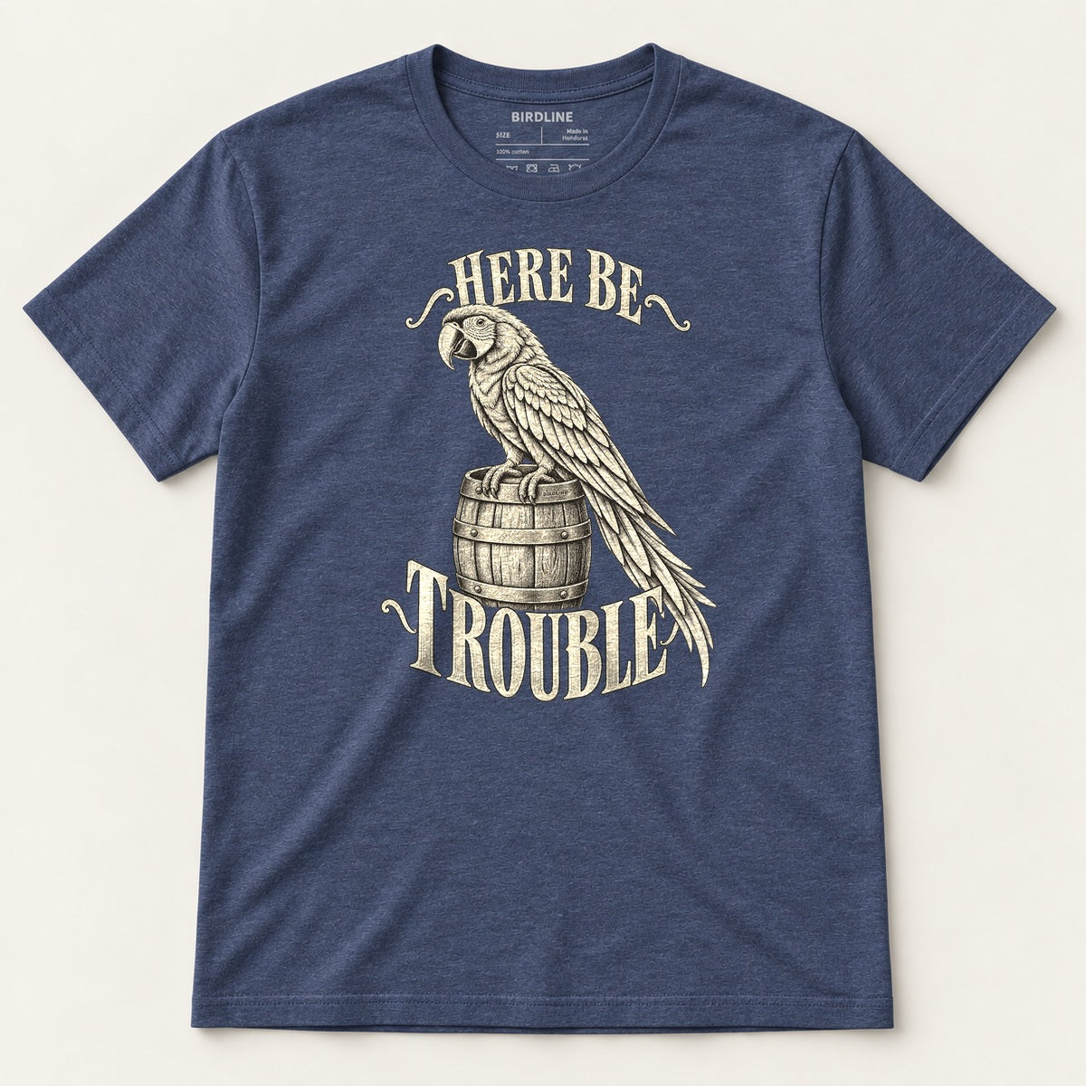 Here Be Trouble T-Shirt in Heather Navy, front view