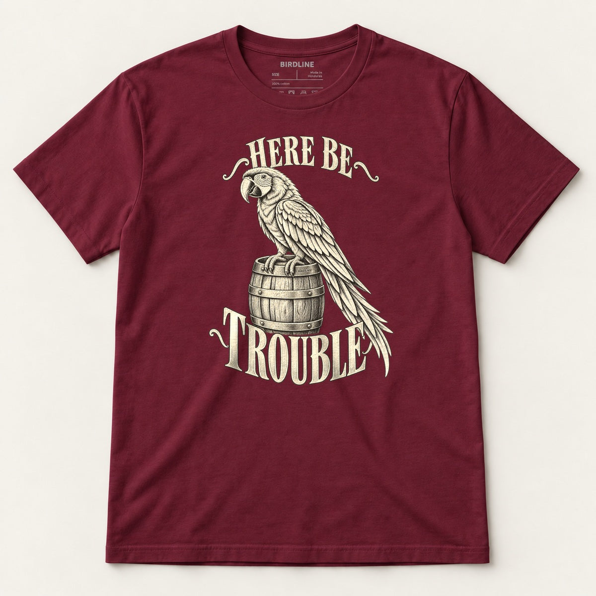 Here Be Trouble T-Shirt in Maroon, front view