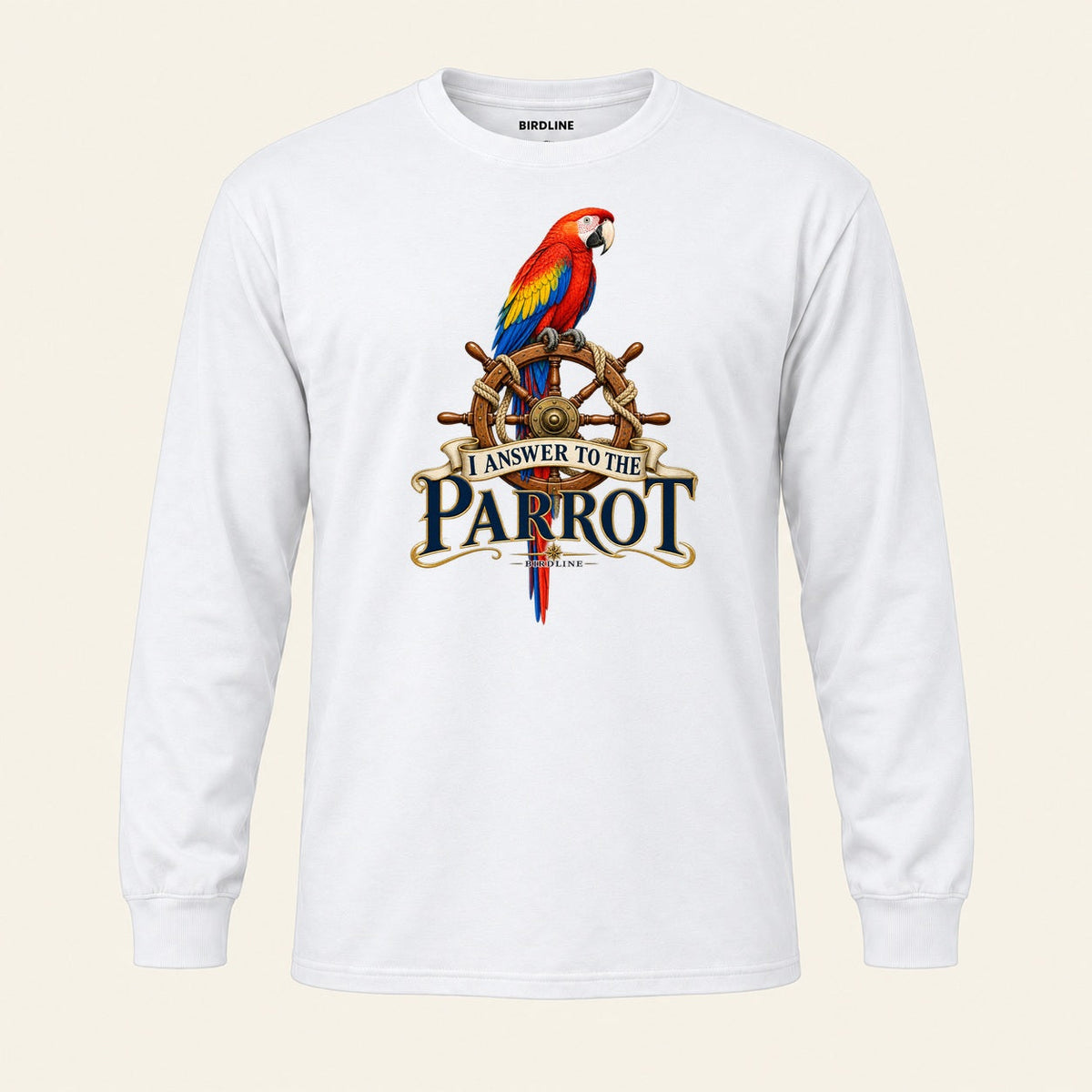 I Answer To The Parrot Long Sleeve Shirt in White, front view