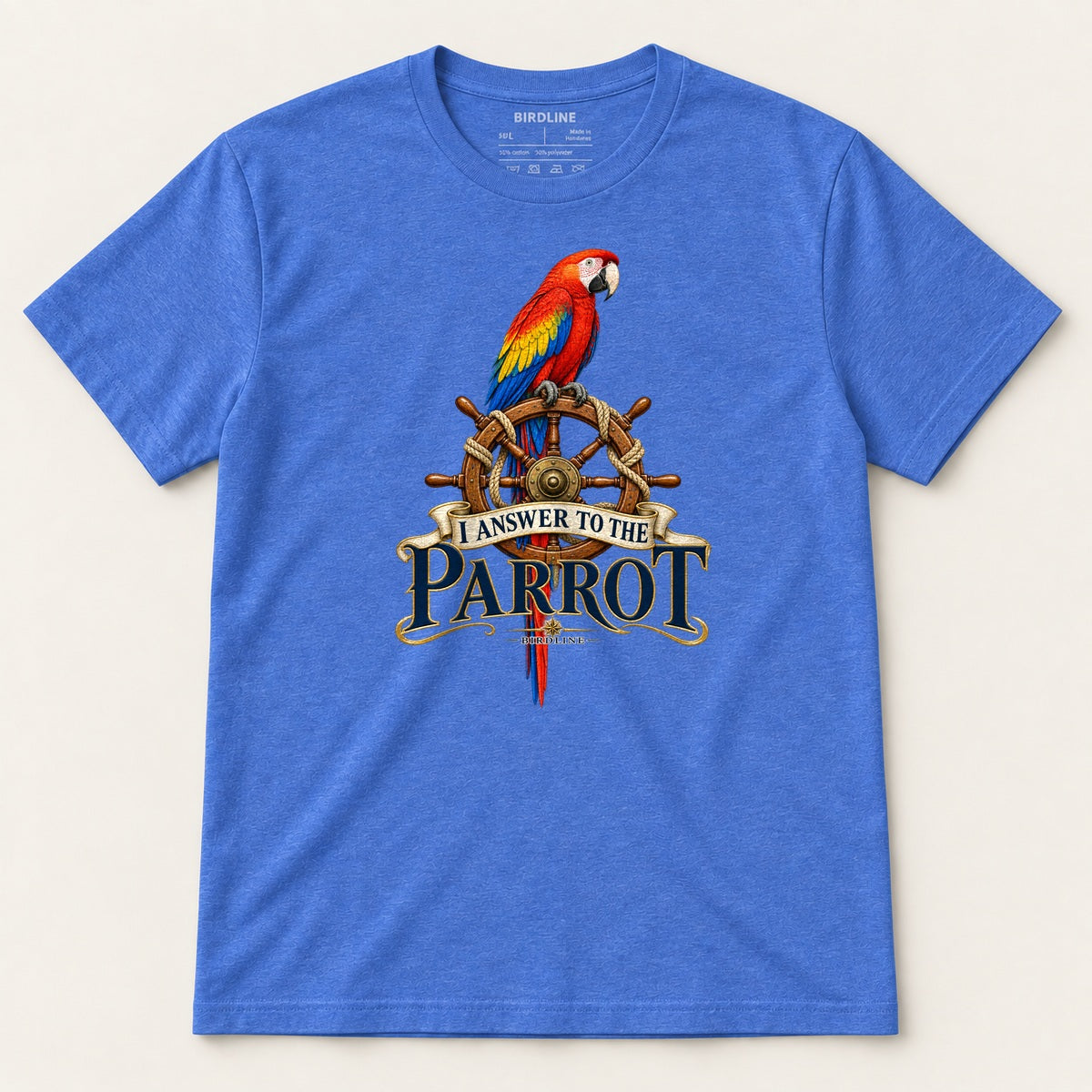 I Answer To The Parrot T-Shirt in Heather Royal, front view