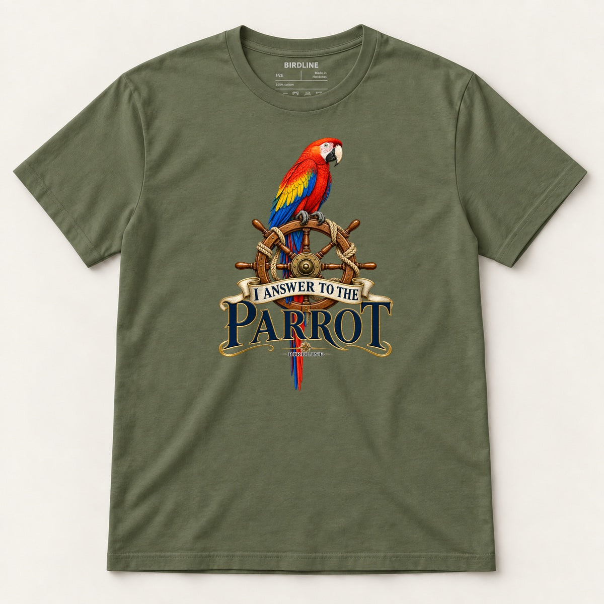 I Answer To The Parrot T-Shirt in Military Green, front view