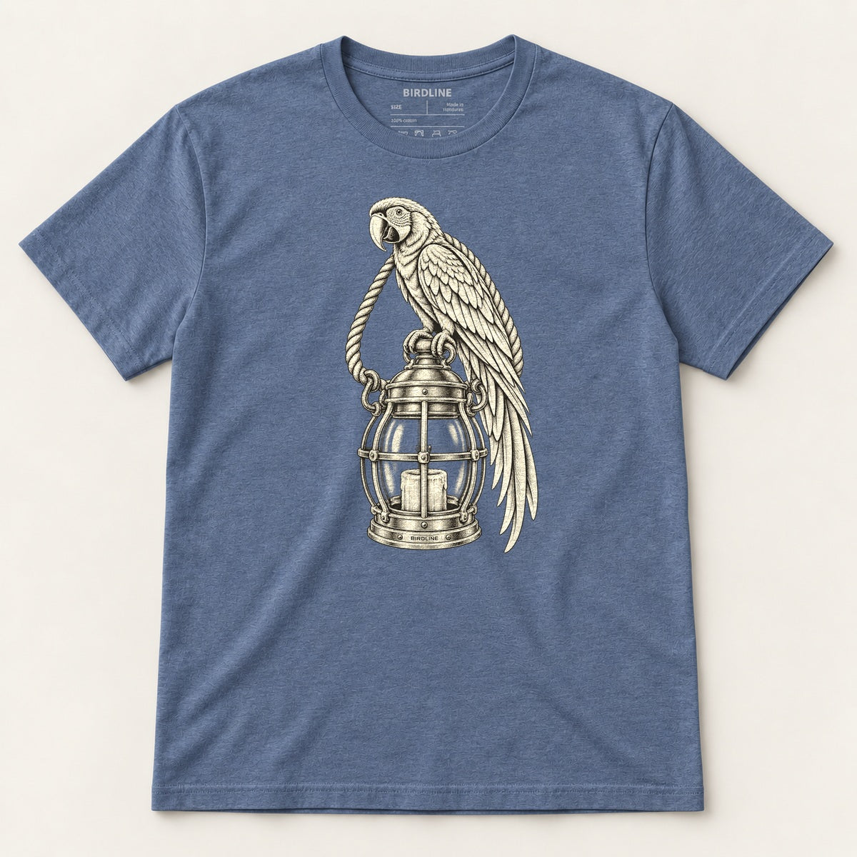 Lantern Watch T-Shirt in Heather Indigo, front view premium-quality garment detail