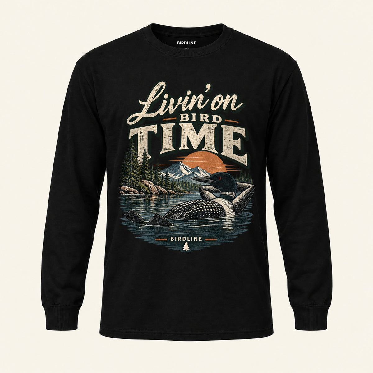 Livin On Bird Time Long Sleeve Shirt in Black, front view