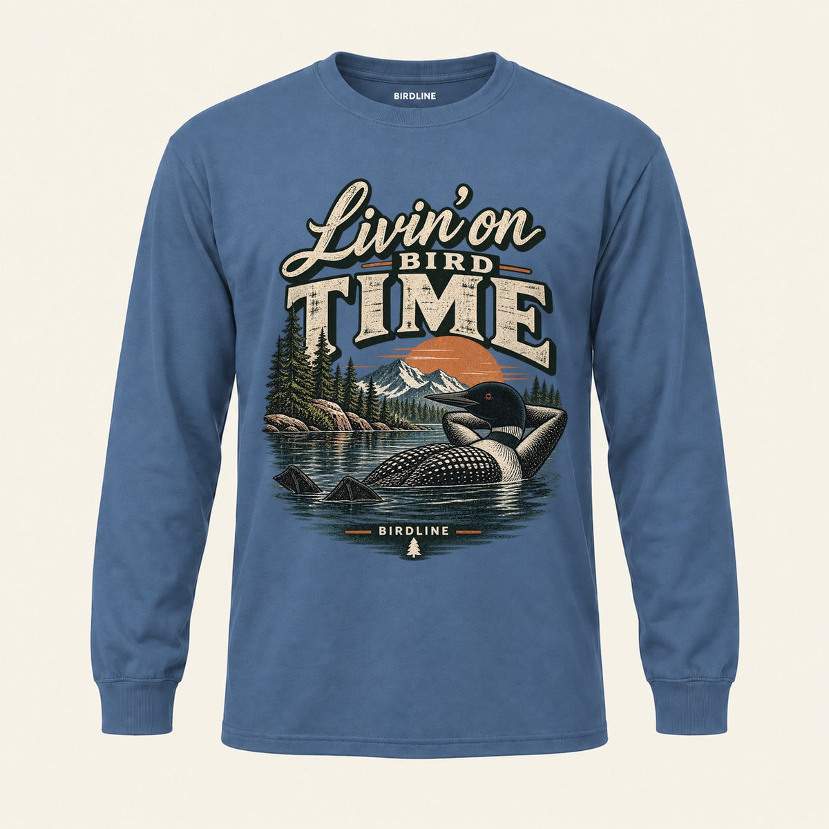 Livin On Bird Time Long Sleeve Shirt in Indigo Blue, front view