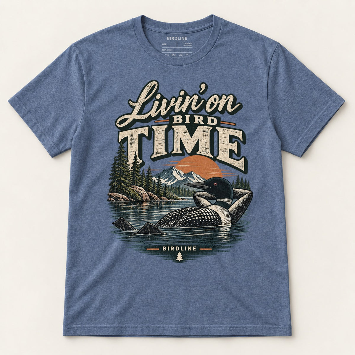 Livin On Bird Time T-Shirt in Heather Indigo, front view