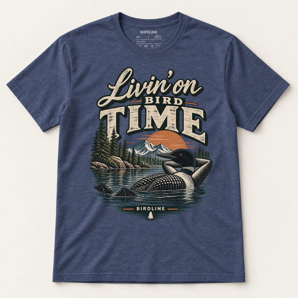 Livin On Bird Time T-Shirt in Heather Navy, front view