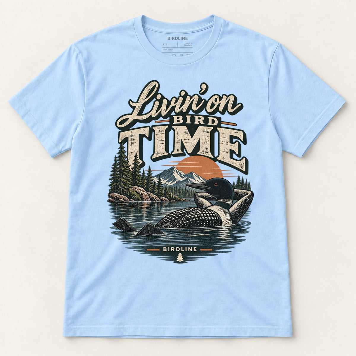 Livin On Bird Time T-Shirt in Light Blue, front view