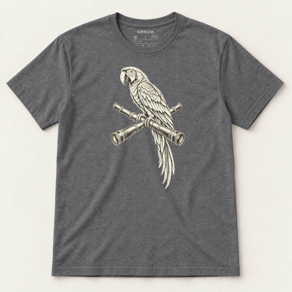 Lookout Macaw T-Shirt in Dark Heather, front view