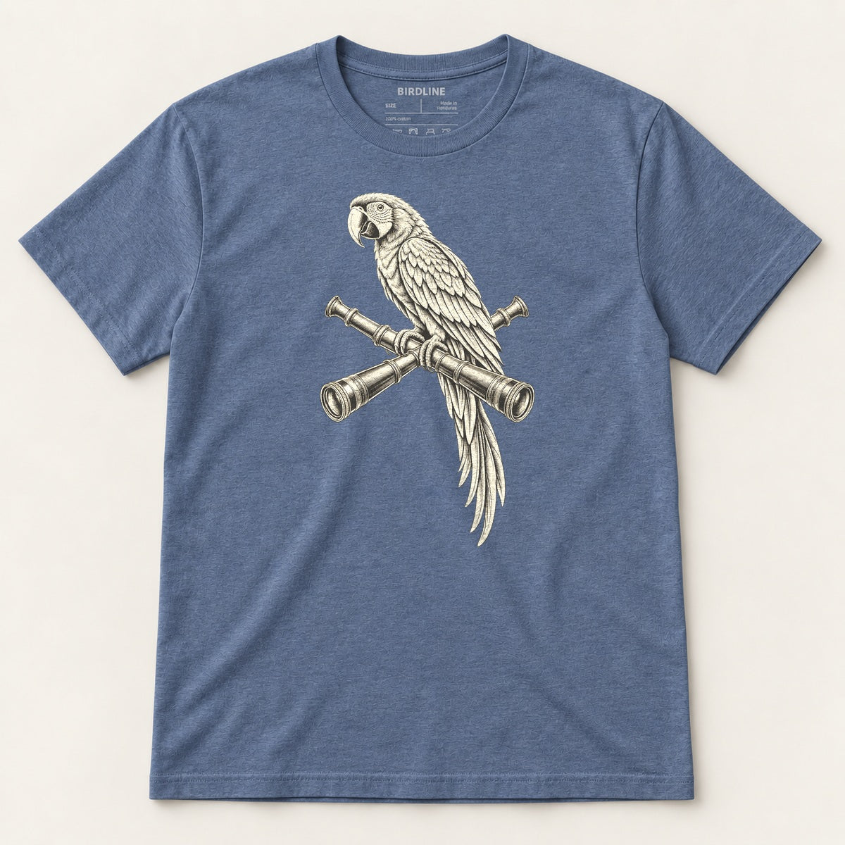 Lookout Macaw T-Shirt in Heather Indigo, front view