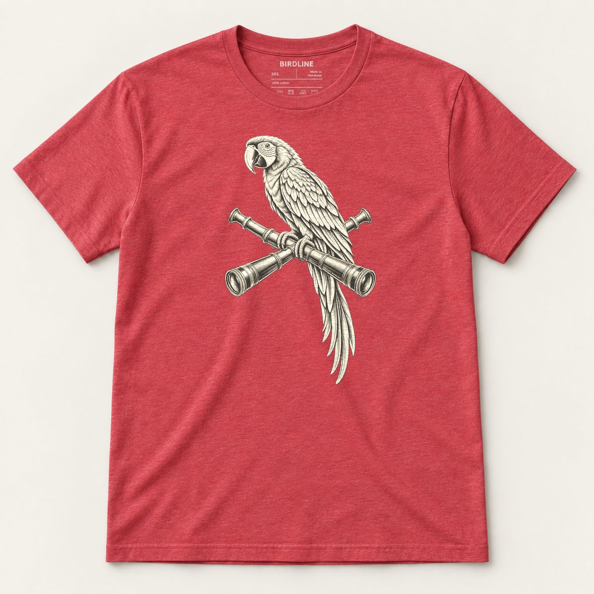 Lookout Macaw T-Shirt in Heather Red, front view premium-quality garment detail