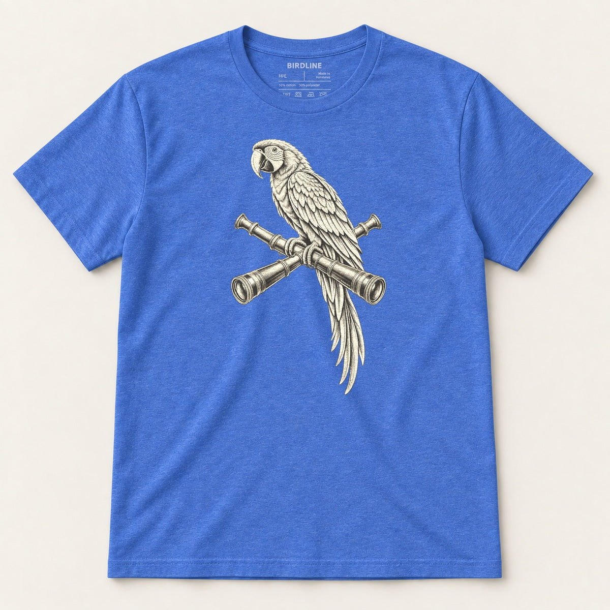 Lookout Macaw T-Shirt in Heather Royal, front view