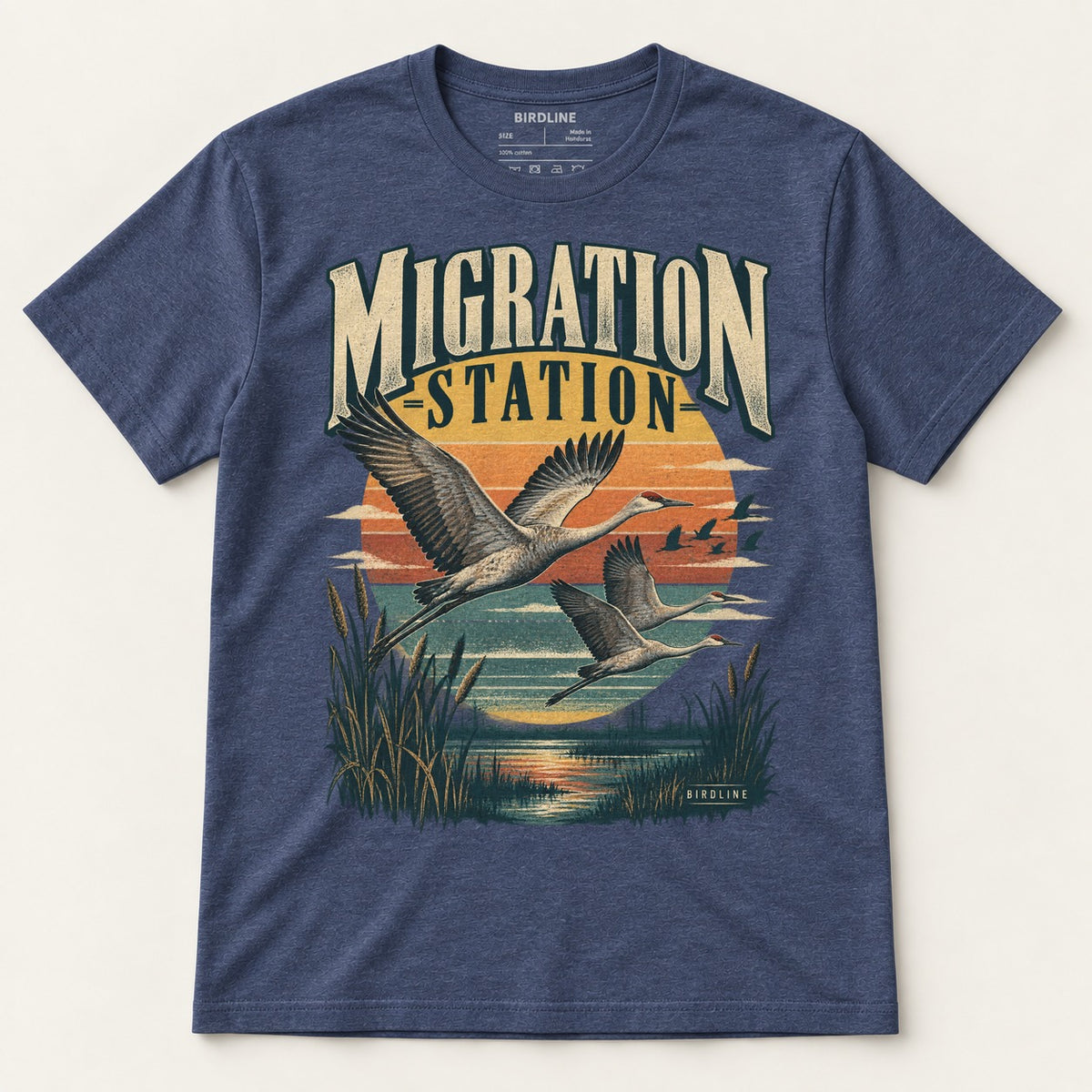 Migration Station T-Shirt in Heather Navy, front view