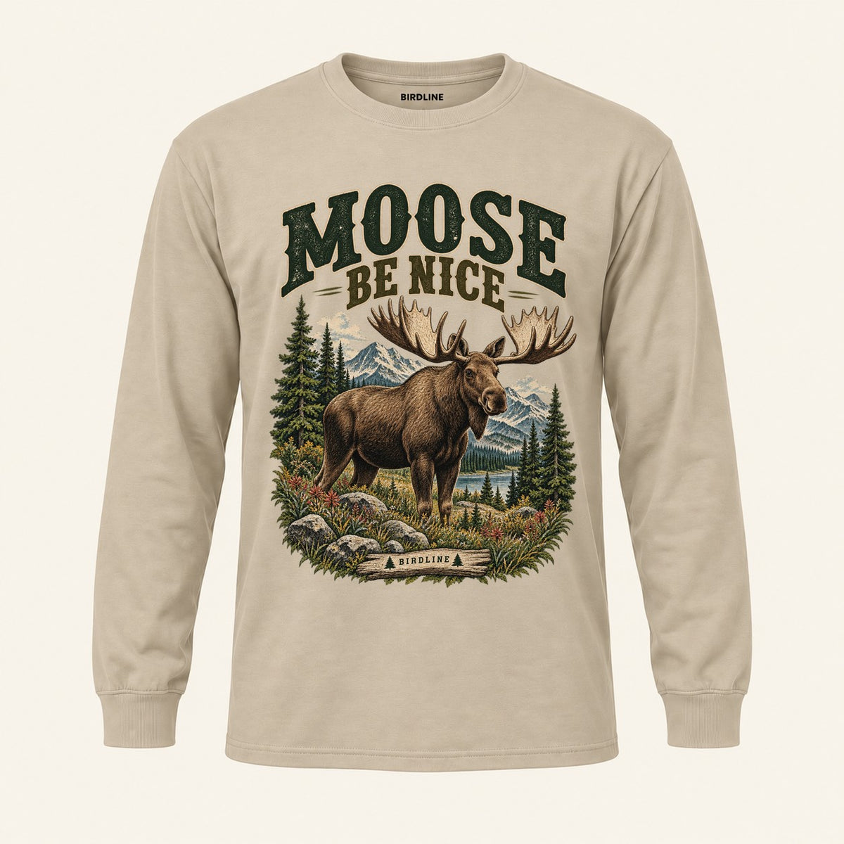 Moose Be Nice Long Sleeve Shirt in Sand, front view