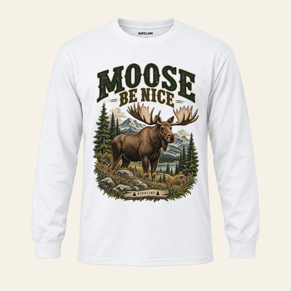 Moose Be Nice Long Sleeve Shirt in White, front view