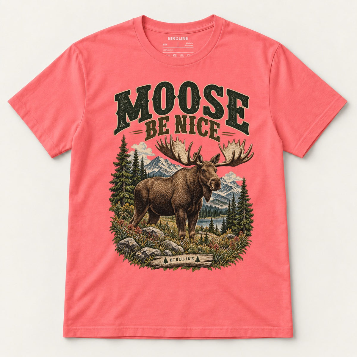 Moose Be Nice T-Shirt in Coral Silk, front view