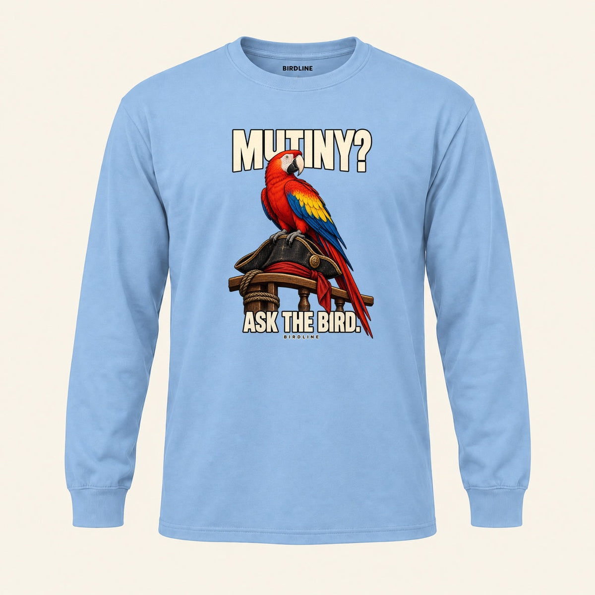 Mutiny? Ask The Bird Long Sleeve Shirt in Light Blue, front view