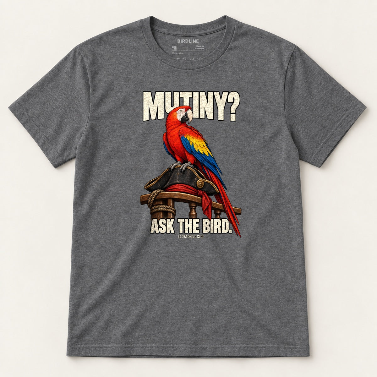 Mutiny? Ask The Bird T-Shirt in Dark Heather, front view