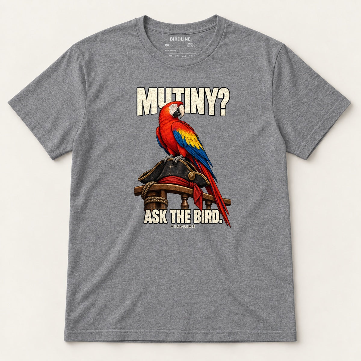 Mutiny? Ask The Bird T-Shirt in Graphite Heather, front view
