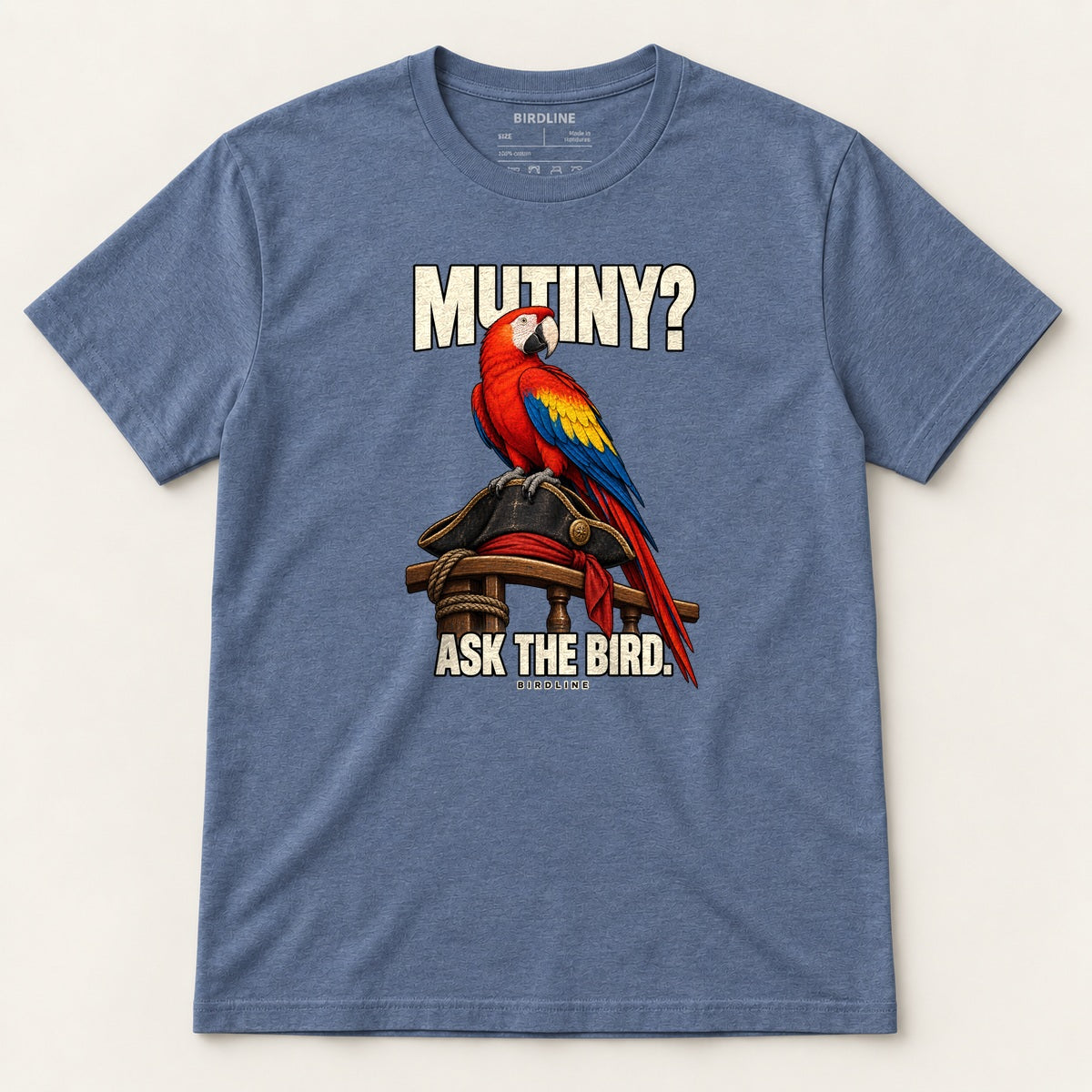 Mutiny? Ask The Bird T-Shirt in Heather Indigo, front view