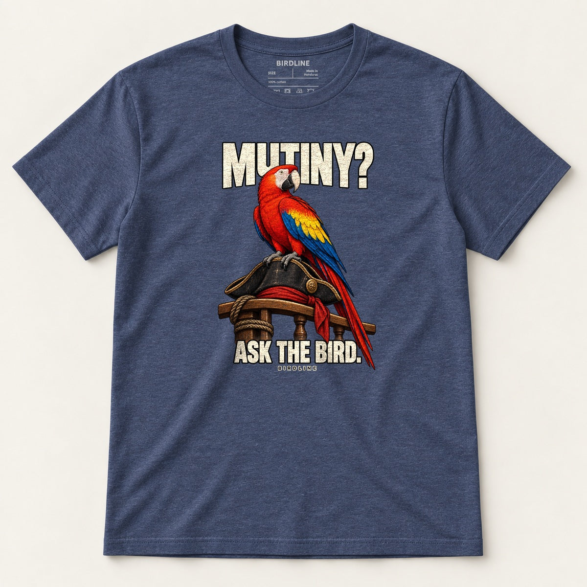 Mutiny? Ask The Bird T-Shirt in Heather Navy, front view