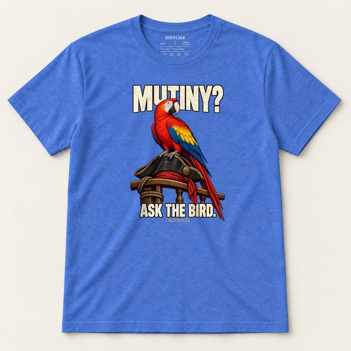 Mutiny? Ask The Bird T-Shirt in Heather Royal, front view premium-quality garment detail