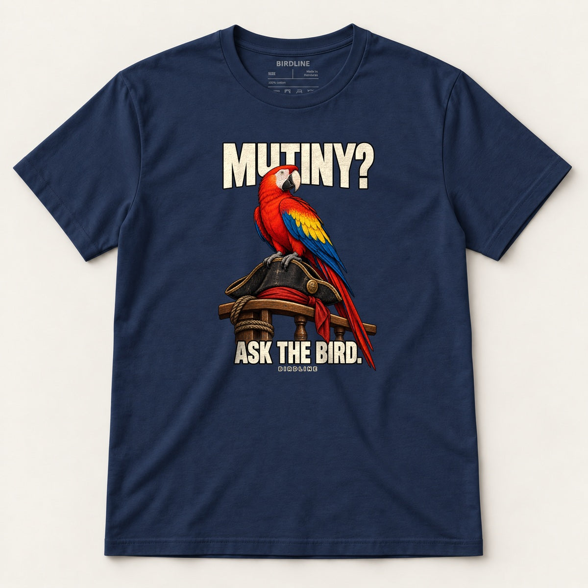 Mutiny? Ask The Bird T-Shirt in Navy, front view