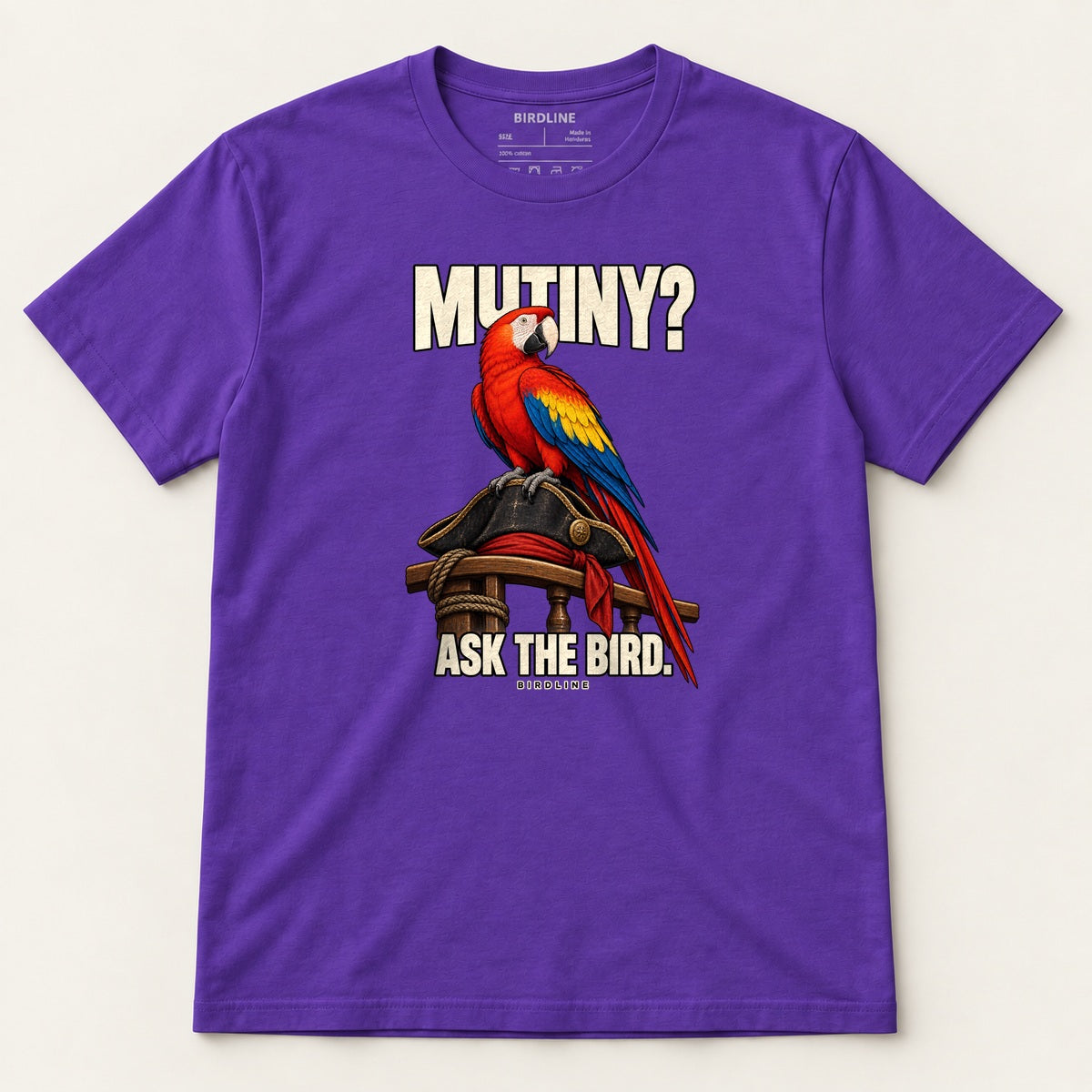Mutiny? Ask The Bird T-Shirt in Purple, front view