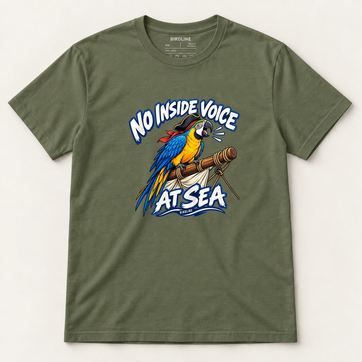 No Inside Voice At Sea T-Shirt in Military Green, front view