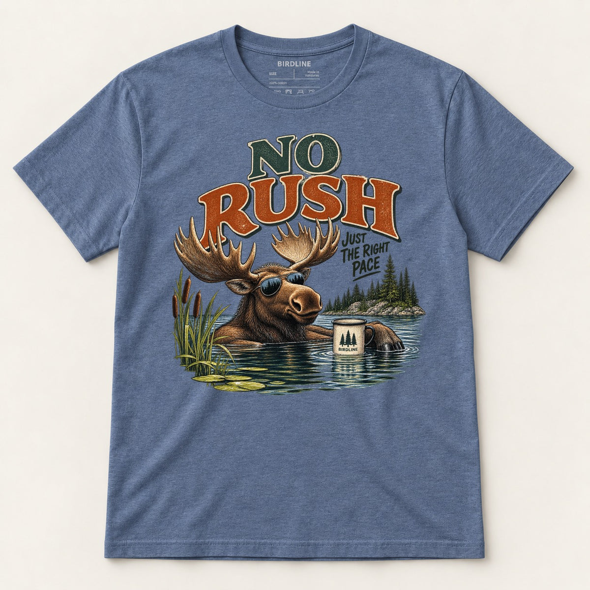 No Rush Just the Right Pace T-Shirt in Heather Indigo, front view