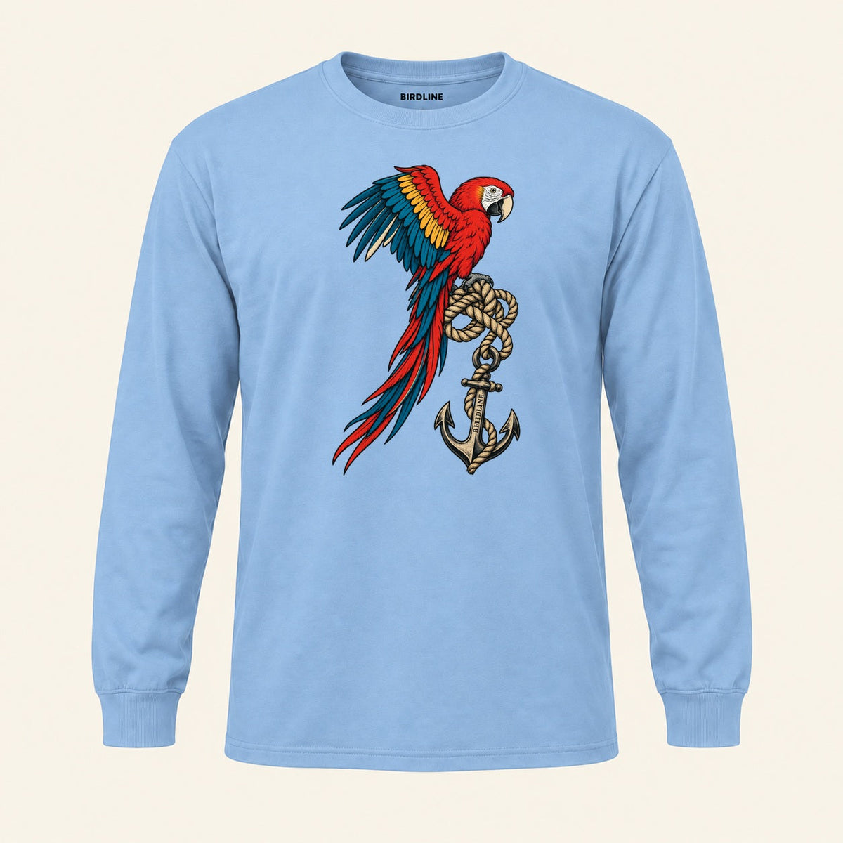 Old Salt Macaw Long Sleeve Shirt in Light Blue, front view