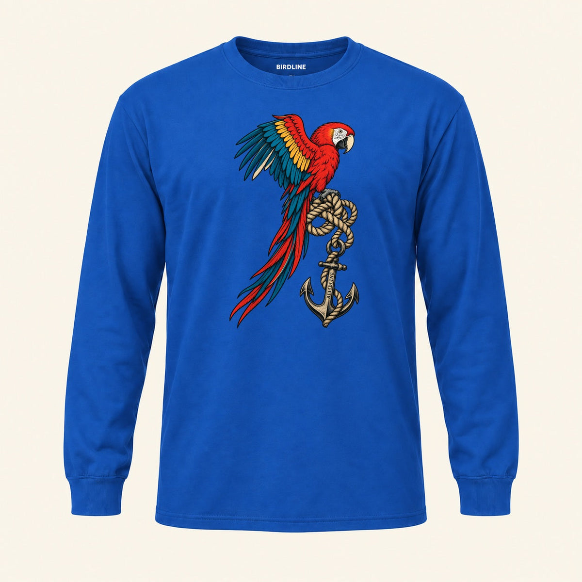 Old Salt Macaw Long Sleeve Shirt in Royal, front view