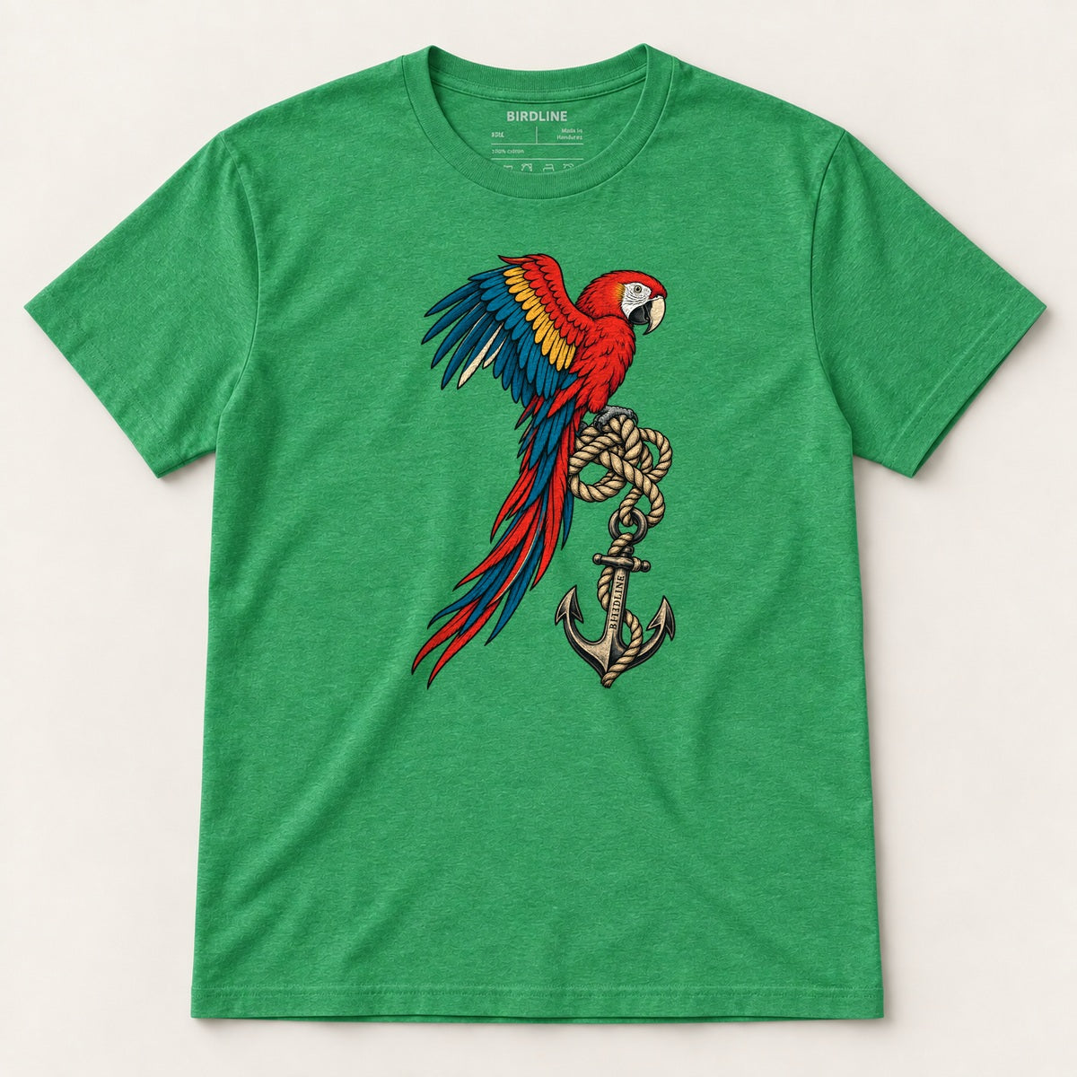 Old Salt Macaw T-Shirt in Heather Irish Green, front view