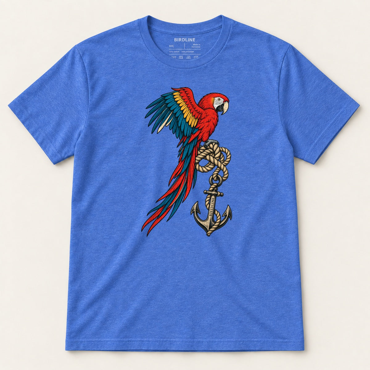 Old Salt Macaw T-Shirt in Heather Royal, front view