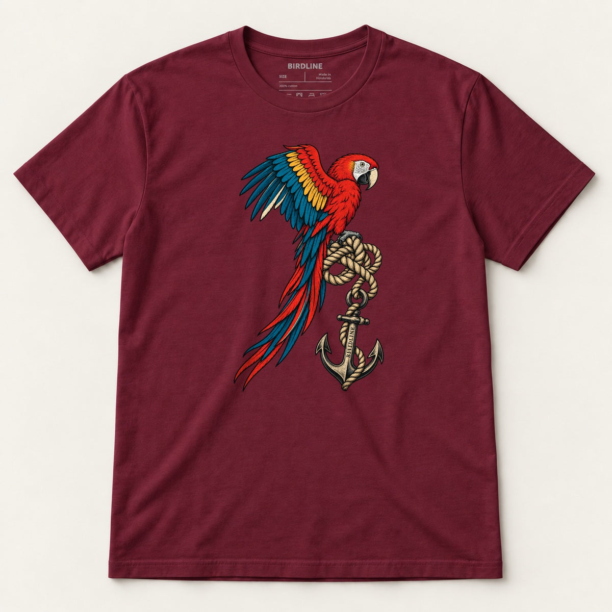 Old Salt Macaw T-Shirt in Maroon, front view
