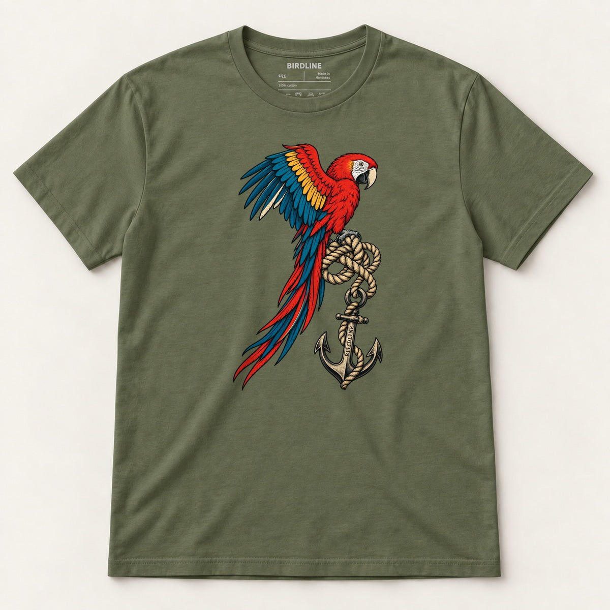 Old Salt Macaw T-Shirt in Military Green, front view