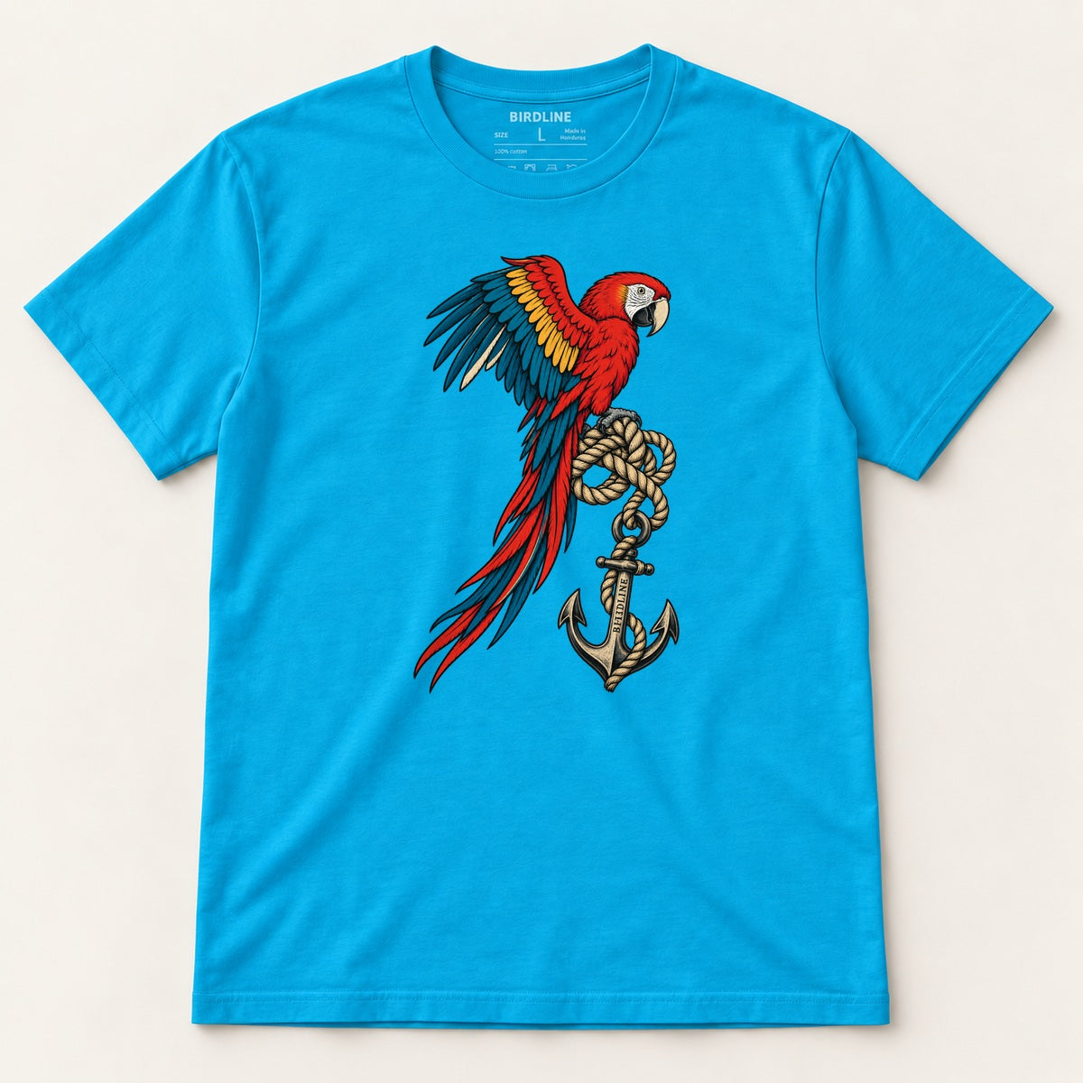 Old Salt Macaw T-Shirt in Tropical Blue, front view