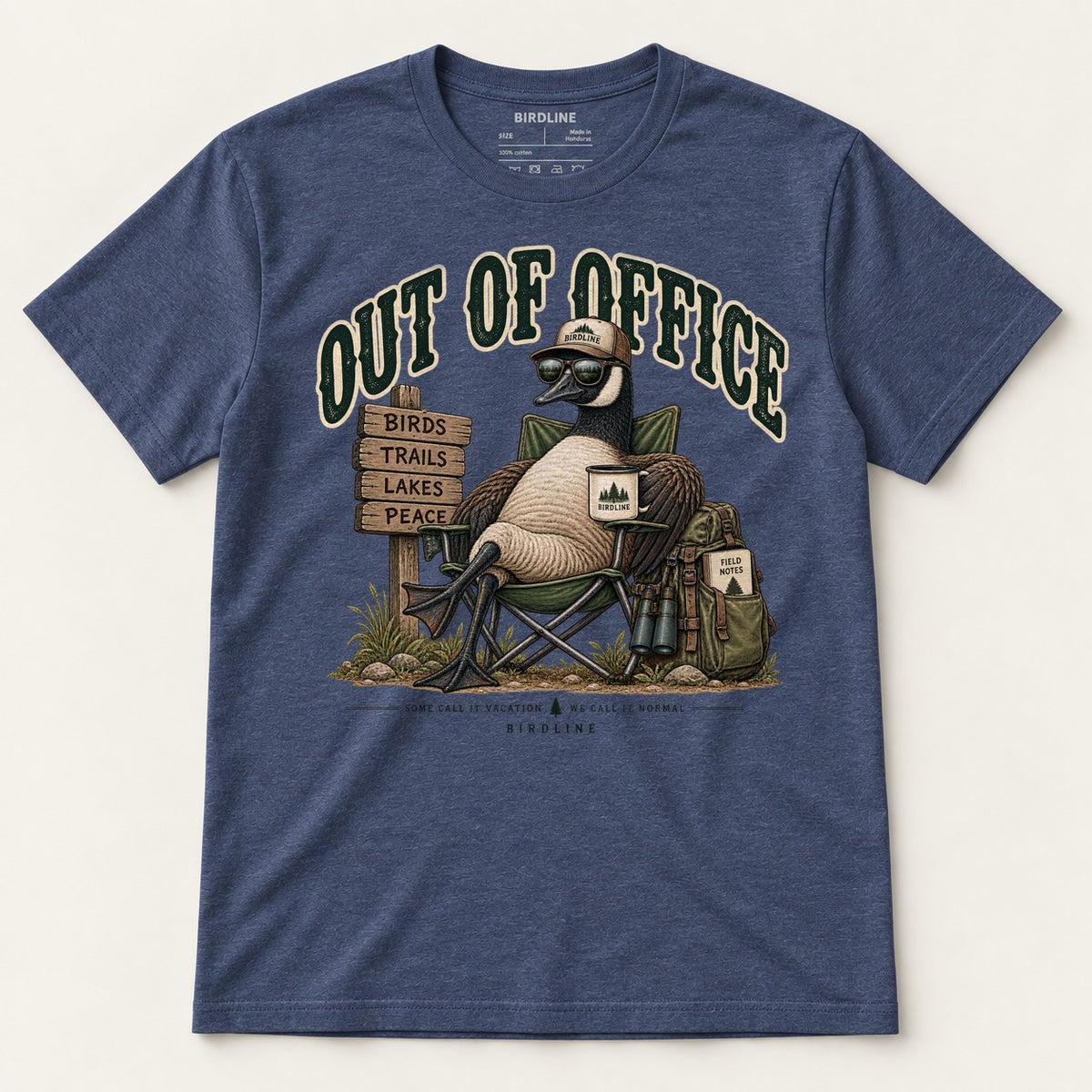 Out Of Office T-Shirt in Heather Navy, front view