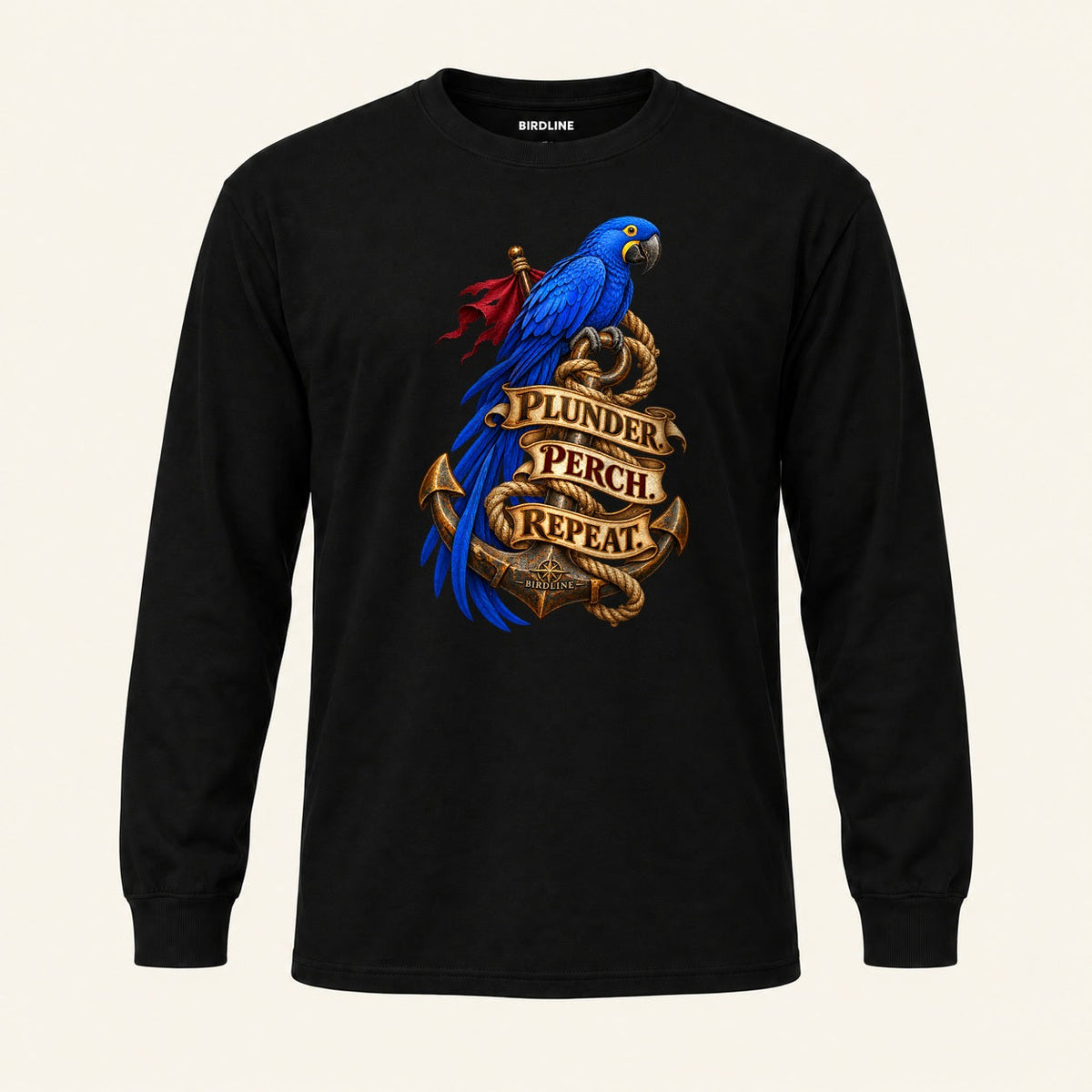 Plunder Perch Repeat Long Sleeve Shirt in Black, front view