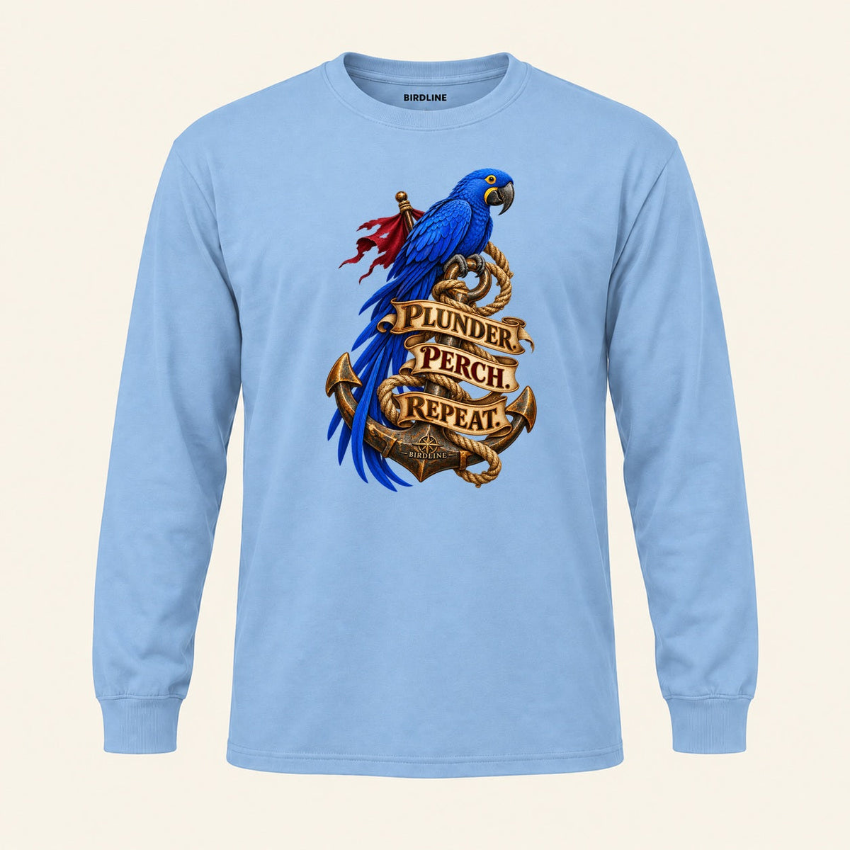 Plunder Perch Repeat Long Sleeve Shirt in Light Blue, front view