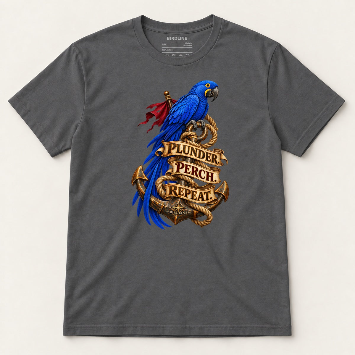 Plunder Perch Repeat T-Shirt in Charcoal, front view