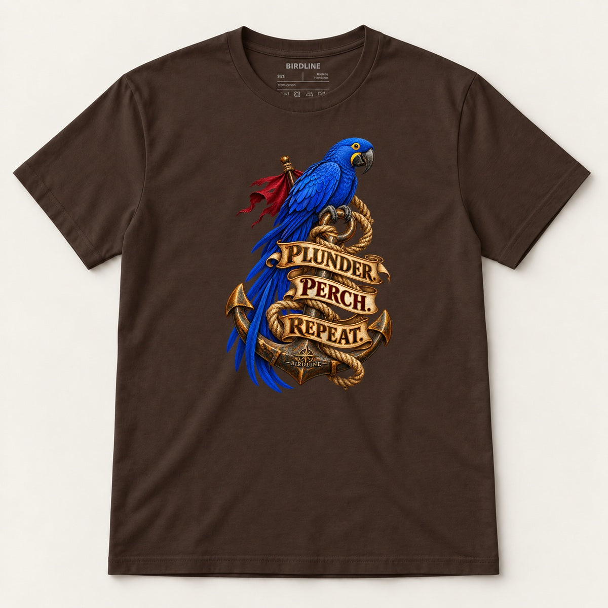 Plunder Perch Repeat T-Shirt in Dark Chocolate, front view