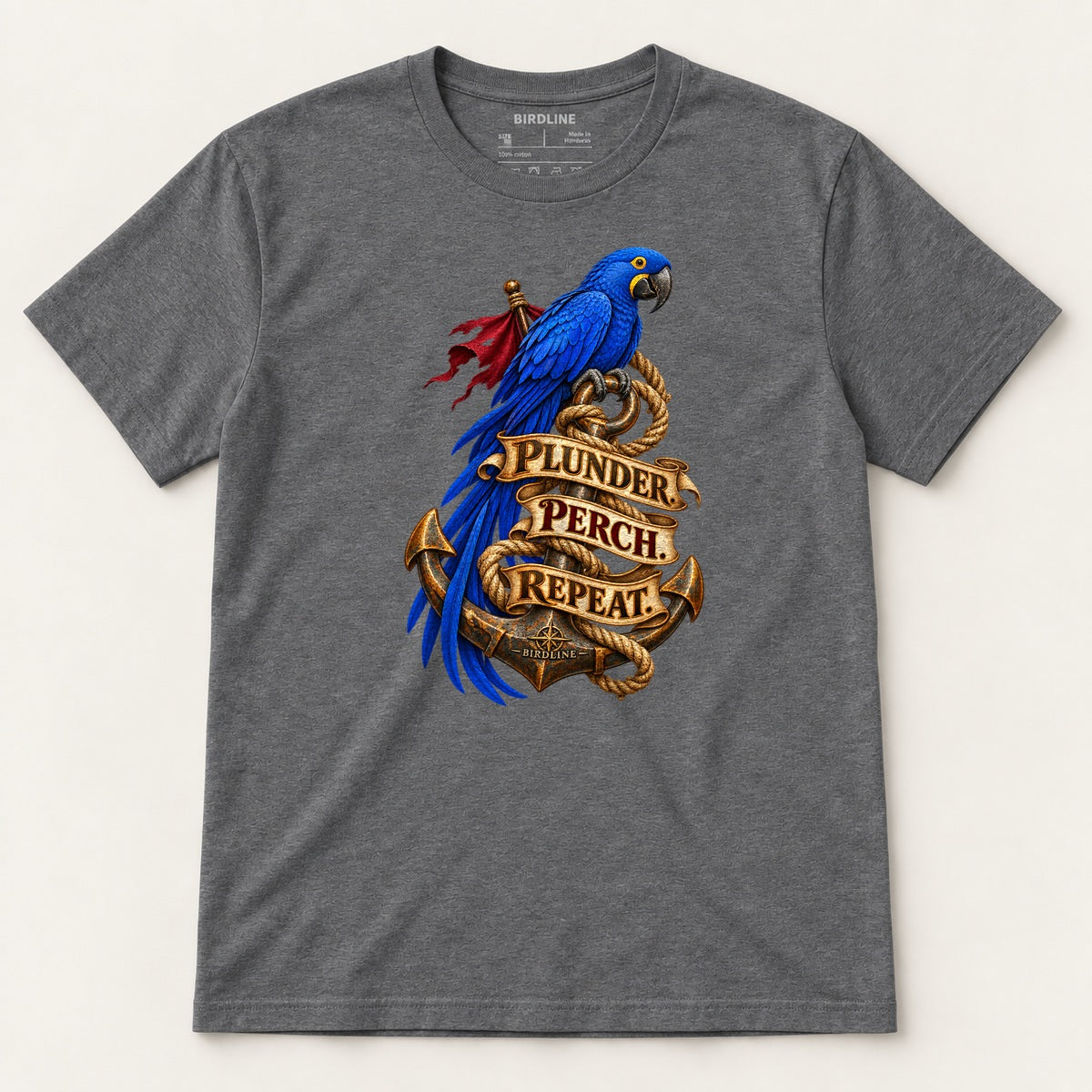 Plunder Perch Repeat T-Shirt in Dark Heather, front view