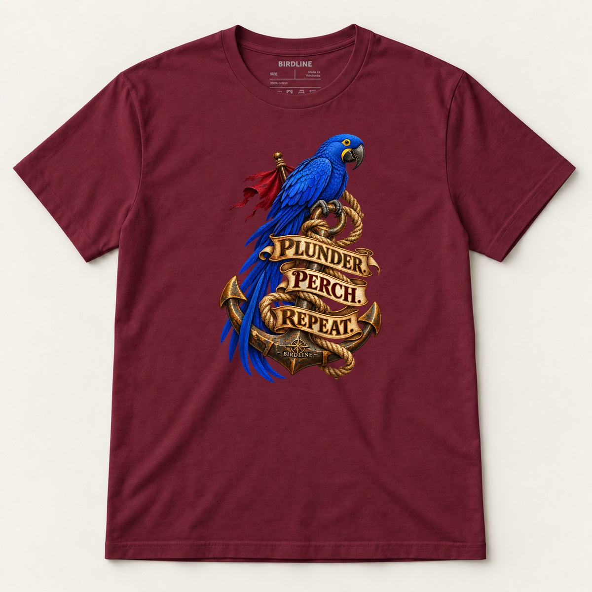 Plunder Perch Repeat T-Shirt in Maroon, front view